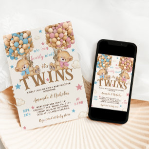 Twin Beren Jongen Meisje Sterren & Ballonnen Baby Kaart
