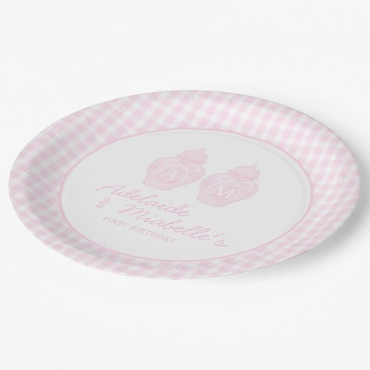 Twin Birthday Ginger Jars Coquette Pink Gingham Papieren Bordje (Gekanteld)