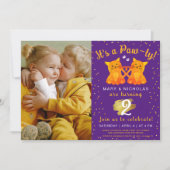 Twin Birthday of Joint Party Kittens Paarse foto Kaart (Voorkant)