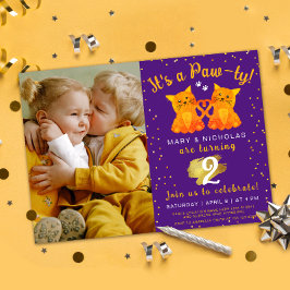 Twin Birthday of Joint Party Kittens Paarse foto Kaart