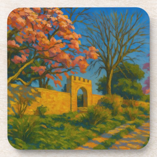 Twin Blossoms – Tranquil Garden Path Painting Bier Onderzetter (Voorkant)