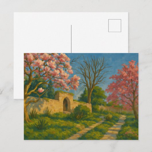 Twin Blossoms – Tranquil Garden Path Painting Briefkaart (Voorkant / Achterkant)