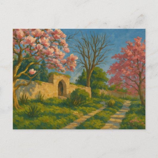 Twin Blossoms – Tranquil Garden Path Painting Briefkaart (Voorkant)