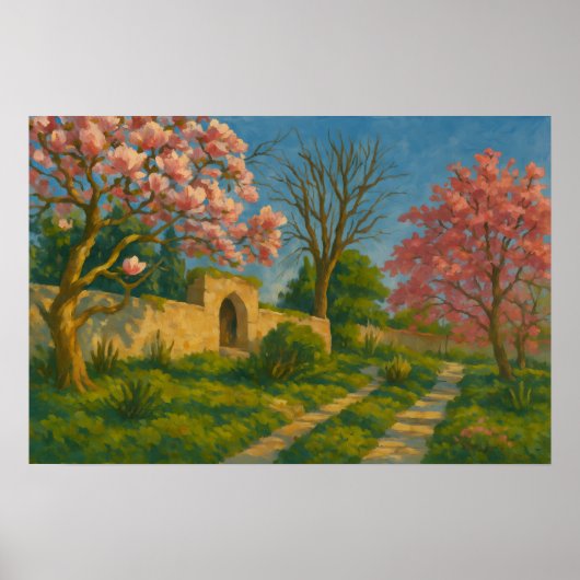 Twin Blossoms – Tranquil Garden Path Painting Poster (Voorkant)