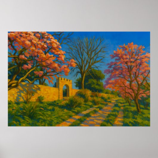 Twin Blossoms – Tranquil Garden Path Painting Poster (Voorkant)