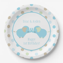 Twin Blue Baby Elephants Polka Dots Verjaardagsfee Papieren Bordje