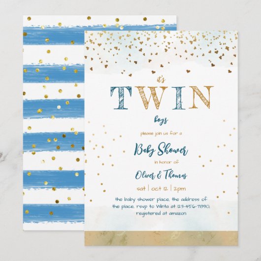 Twin Blue Gold Glitter Simple Baby Shower Kaart (Voorkant / Achterkant)