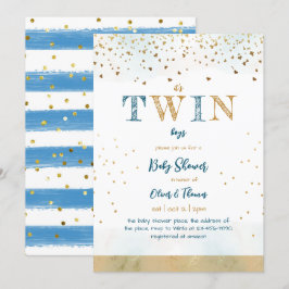 Twin Blue Gold Glitter Simple Baby Shower Kaart