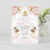 Twin Blush Pink Boho Pampas First Heilige Communie Kaart (Staand voorkant)