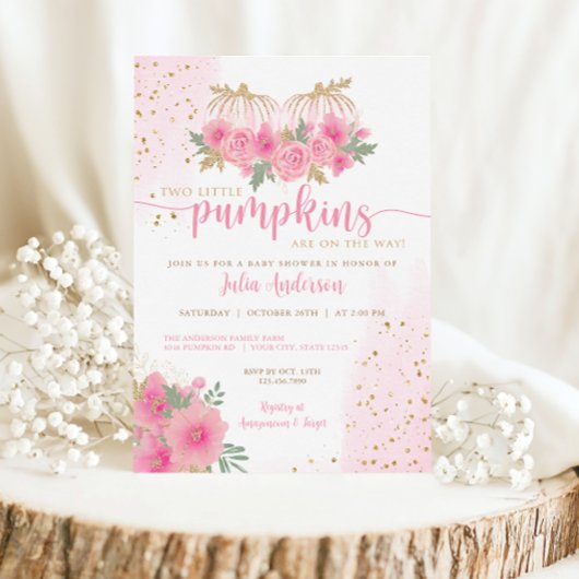 Twin Blush Roze en Gouden Herfst Pompoen Baby show Kaart