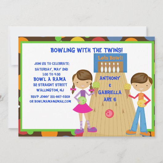 Twin Bowling Birthday Party Invitation Kaart (Voorkant)
