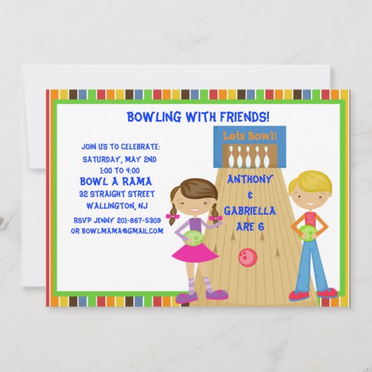 Twin Bowling Birthday Party Invitation Kaart (Voorkant)