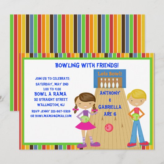 Twin Bowling Birthday Party Invitation Kaart (Voorkant / Achterkant)