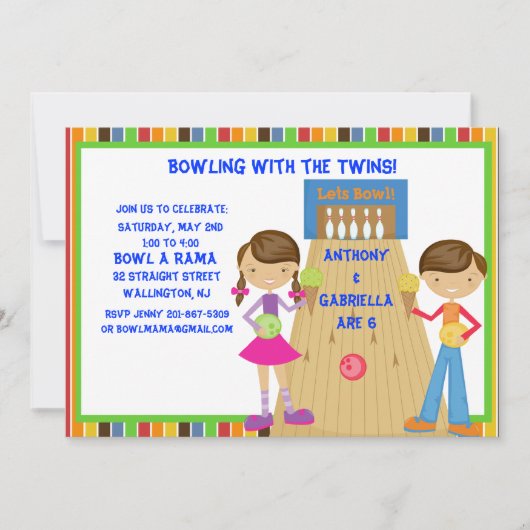 Twin Bowling Birthday Party Invitation Kaart (Voorkant)