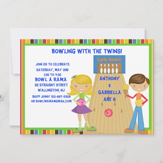 Twin Bowling Birthday Party Invitation Kaart (Voorkant)