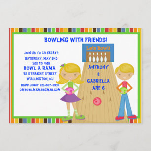 Twin Bowling Birthday Party Invitation Kaart