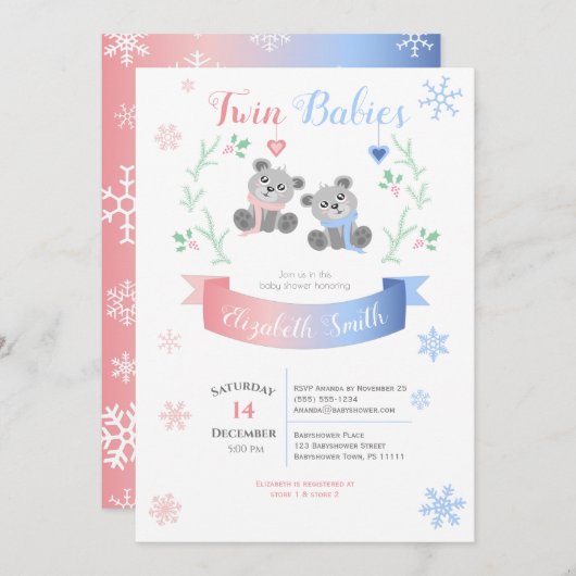 Twin boy and girl Cute bears winter babyshower Kaart (Voorkant / Achterkant)