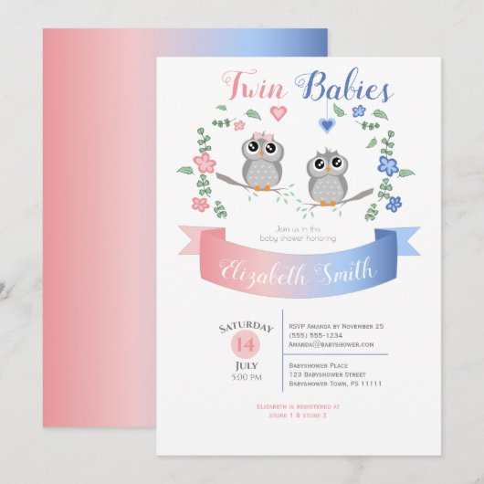 Twin boy and girl Cute owls babyshower Kaart (Voorkant / Achterkant)
