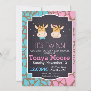 Twin Boy and Girl Giraffe Baby shower Invitation Kaart