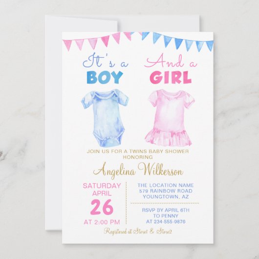 Twin Boy and Girl Pink Blue Baby shower Invitation Kaart (Voorkant)