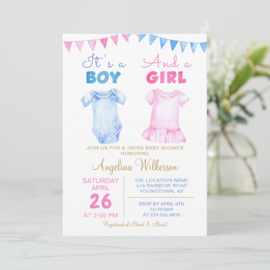 Twin Boy and Girl Pink Blue Baby shower Invitation Kaart (Staand voorkant)