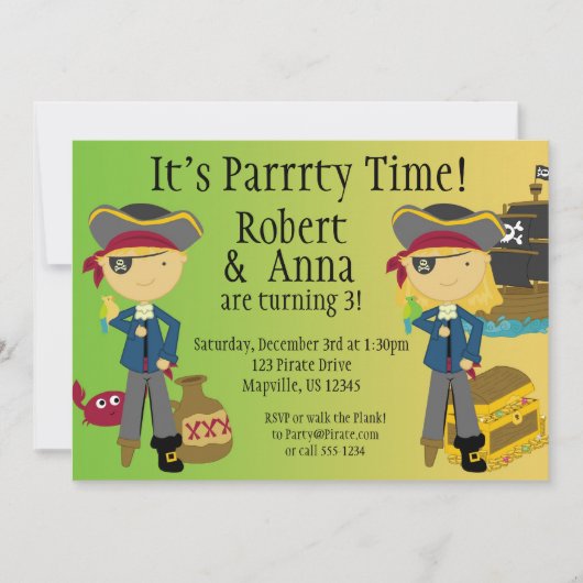 Twin Boy and Girl Pirate Birthday Party Invitation Kaart (Voorkant)