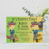 Twin Boy and Girl Pirate Birthday Party Invitation Kaart (Staand voorkant)