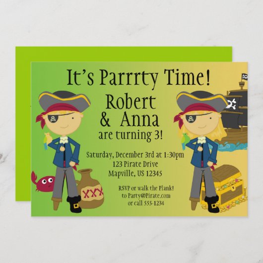 Twin Boy and Girl Pirate Birthday Party Invitation Kaart (Voorkant / Achterkant)