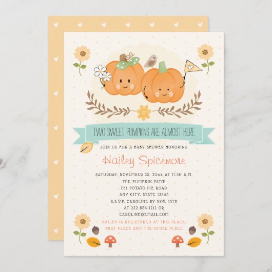 Twin Boy and Girl Pumpkin Baby Shower Invitations (Voorkant / Achterkant)