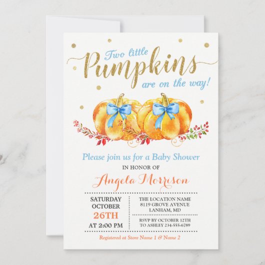 Twin Boy Baby shower Two Little Pumpkins Blue Kaart (Voorkant)