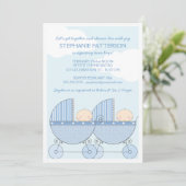 Twin Boy Blue Carriage Happy Baby shower Kaart (Staand voorkant)