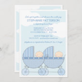 Twin Boy Blue Carriage Happy Baby shower Kaart (Voorkant / Achterkant)
