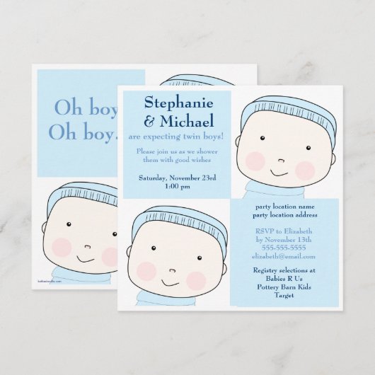 Twin Boy Blue Couples Baby shower Invitation Kaart (Voorkant / Achterkant)