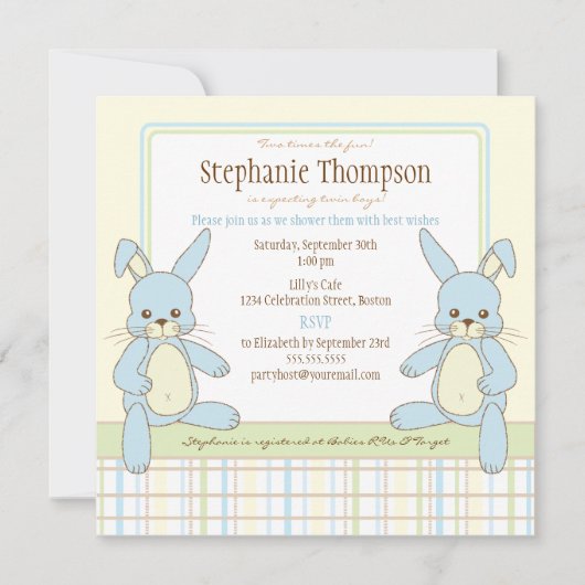 Twin Boy Bunny Rabbits Baby shower Invitation Kaart (Voorkant)