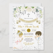 Twin Boy en Blond Meisje Kneeling Eerste Communie Kaart (Voorkant)