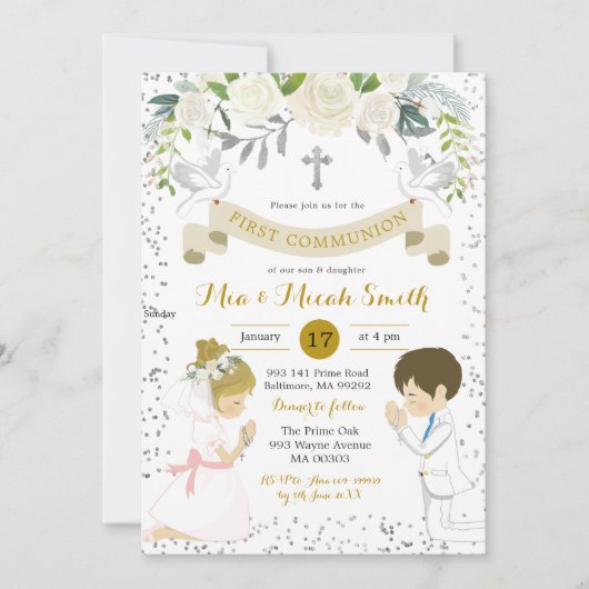 Twin Boy en Blond Meisje Kneeling Eerste Communie Kaart (Voorkant)