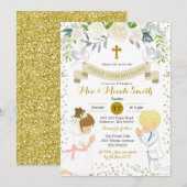 Twin Boy en Blond Meisje Kneeling Eerste Communie Kaart (Voorkant / Achterkant)