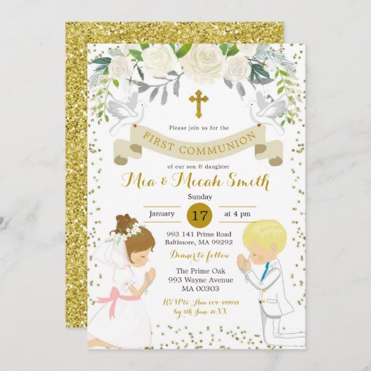 Twin Boy en Blond Meisje Kneeling Eerste Communie Kaart (Voorkant / Achterkant)