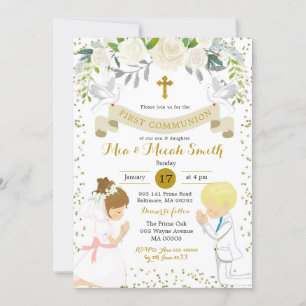 Twin Boy en Blond Meisje Kneeling Eerste Communie Kaart