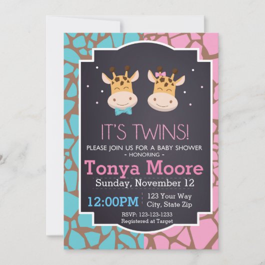 Twin Boy en Girl Giraffe Baby shower Uitnodiging (Voorkant)