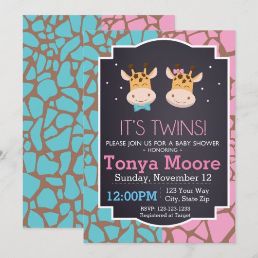 Twin Boy en Girl Giraffe Baby shower Uitnodiging (Voorkant / Achterkant)