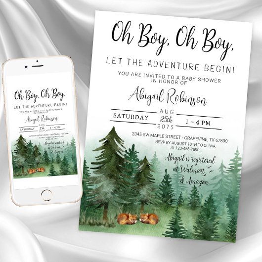 Twin Boy Fox Woodland Oh Boy Baby shower Kaart
