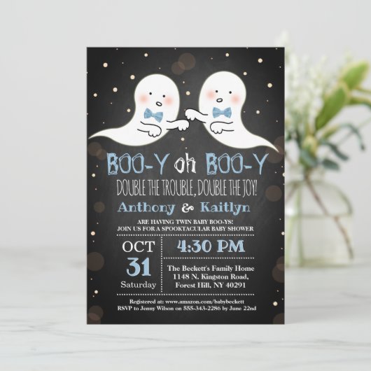 Twin Boy Ghosts Halloween Baby shower Kaart (Staand voorkant)