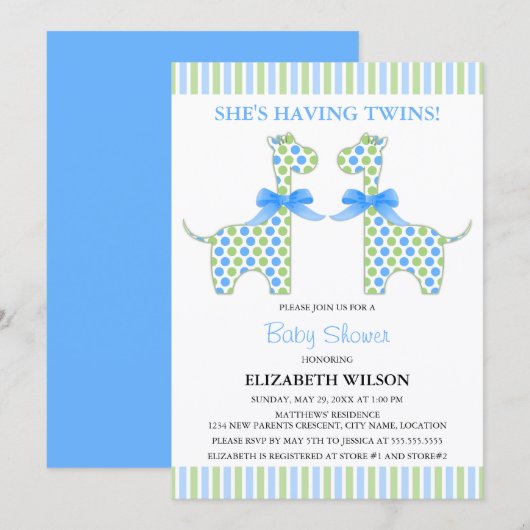 Twin Boy Giraffe Baby shower Kaart (Voorkant / Achterkant)