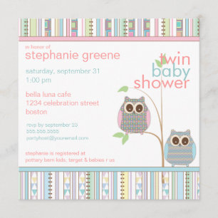 Twin Boy & Girl Baby Owl PInk & Blue Baby shower Kaart
