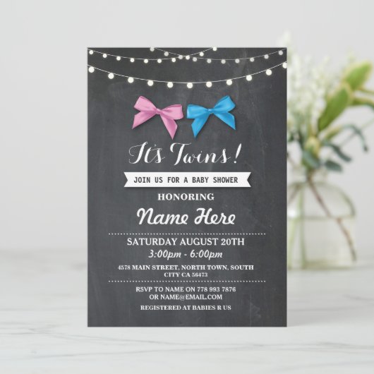 Twin Boy Girl Baby shower Geslacht Reveal Bow Uitn Kaart (Staand voorkant)