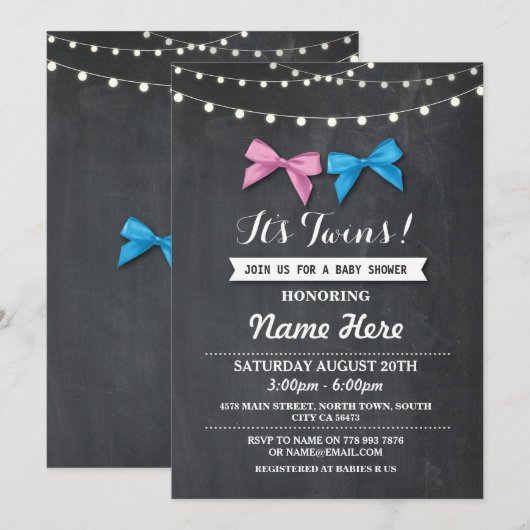 Twin Boy Girl Baby shower Geslacht Reveal Bow Uitn Kaart (Voorkant / Achterkant)