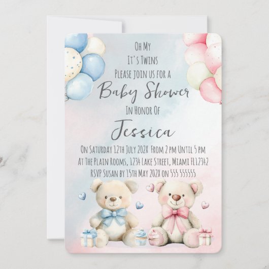 Twin Boy & Girl Bear Baby Shower Invitation Kaart (Voorkant)