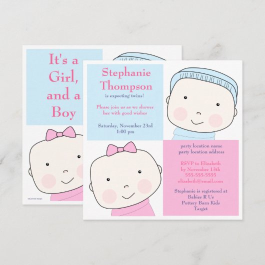 Twin Boy Girl Blue Pink Baby shower Invitation Kaart (Voorkant / Achterkant)