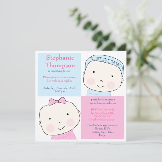 Twin Boy Girl Blue Pink Baby shower Invitation Kaart (Staand voorkant)